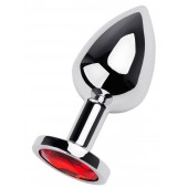 Серебристая коническая анальная пробка с красным кристаллом - 8 см. - ToyFa - купить с доставкой в Сочи