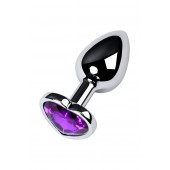 Серебристая коническая анальная пробка с фиолетовым кристаллом-сердечком - 7 см. - ToyFa - купить с доставкой в Сочи