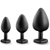 Набор из 3 черных пробок с прозрачным кристаллом-сердечком Bling Plugs Training Kit - Blush Novelties - купить с доставкой в Сочи