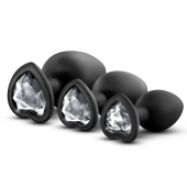 Набор из 3 черных пробок с прозрачным кристаллом-сердечком Bling Plugs Training Kit - Blush Novelties - купить с доставкой в Сочи