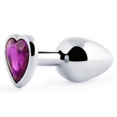 Серебристая анальная пробка с фиолетовым кристаллом-сердечком - 8 см. - Anal Jewelry Plug - купить с доставкой в Сочи