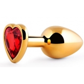 Золотистая анальная пробка с красным стразом-сердечком - 8 см. - Anal Jewelry Plug - купить с доставкой в Сочи