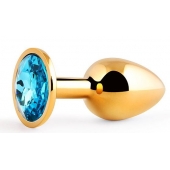 Золотистая анальная пробка с голубым стразом - 7,2 см. - Anal Jewelry Plug - купить с доставкой в Сочи