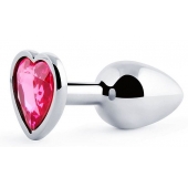 Серебристая анальная пробка с розовым кристаллом-сердечком - 7 см. - Anal Jewelry Plug - купить с доставкой в Сочи