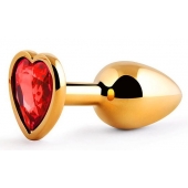 Золотистая анальная пробка с красным стразом-сердечком - 7 см. - Anal Jewelry Plug - купить с доставкой в Сочи