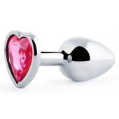 Серебристая анальная пробка с малиновым кристаллом-сердечком - 7 см. - Anal Jewelry Plug - купить с доставкой в Сочи