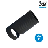 Черная открытая насадка на пенис с кольцом для мошонки L-size - 8,5 см. - Sex Expert - в Сочи купить с доставкой