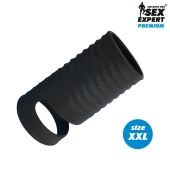 Черная открытая насадка на пенис с кольцом для мошонки XXL-size - 9,4 см. - Sex Expert - в Сочи купить с доставкой