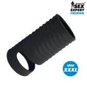 Черная открытая насадка на пенис с кольцом для мошонки XXXL-size - 9,9 см. - Sex Expert - в Сочи купить с доставкой