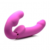 Розовый безремневой страпон с вибрацией и функцией расширения Inflatable Ergo-Fit Strapless Strap-On - XR Brands - купить с доставкой в Сочи