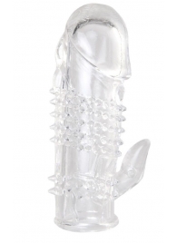 Прозрачная гелевая насадка с шипами и клиторальным отростком - 13 см. - Toyfa Basic - в Сочи купить с доставкой