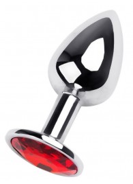 Маленькая коническая серебристая анальная пробка с красным кристаллом - 7 см. - ToyFa - купить с доставкой в Сочи