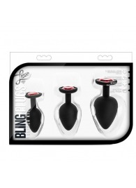 Набор черных анальных пробок с красным кристаллом-сердечком Bling Plugs Training Kit - Blush Novelties - купить с доставкой в Сочи