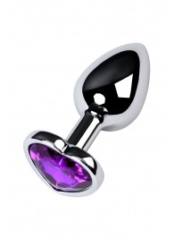 Серебристая коническая анальная пробка с фиолетовым кристаллом-сердечком - 7 см. - ToyFa - купить с доставкой в Сочи