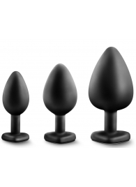 Набор из 3 черных пробок с прозрачным кристаллом-сердечком Bling Plugs Training Kit - Blush Novelties - купить с доставкой в Сочи