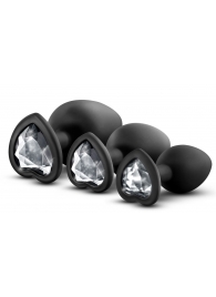 Набор из 3 черных пробок с прозрачным кристаллом-сердечком Bling Plugs Training Kit - Blush Novelties - купить с доставкой в Сочи
