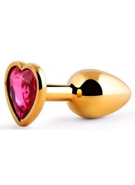 Золотистая анальная пробка с малиновым кристаллом-сердечком - 7 см. - Anal Jewelry Plug - купить с доставкой в Сочи