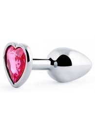 Серебристая анальная пробка с малиновым кристаллом-сердечком - 7 см. - Anal Jewelry Plug - купить с доставкой в Сочи