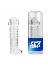 Прозрачная рельефная насадка-реалистик с петлей для мошонки - 13,5 см. - Sex Expert - в Сочи купить с доставкой
