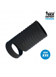Черная открытая насадка на пенис с кольцом для мошонки XXL-size - 9,4 см. - Sex Expert - в Сочи купить с доставкой
