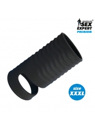 Черная открытая насадка на пенис с кольцом для мошонки XXXL-size - 9,9 см. - Sex Expert - в Сочи купить с доставкой