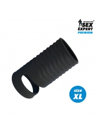 Черная открытая насадка на пенис с кольцом для мошонки XL-size - 8,9 см. - Sex Expert - в Сочи купить с доставкой