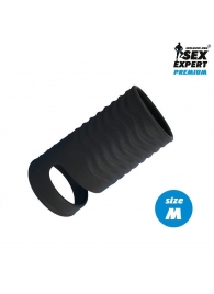 Черная открытая насадка на пенис с кольцом для мошонки size M - 7,9 см. - Sex Expert - в Сочи купить с доставкой