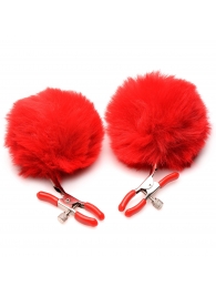 Красные зажимы на соски с помпонами Pom Pom - XR Brands - купить с доставкой в Сочи