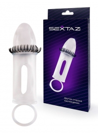 Закрытая насадка на пенис с подхватом мошонки и стимулирующими «ресничками» - Sextaz - в Сочи купить с доставкой