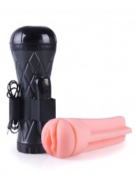 Телесный мастурбатор-вагина в черной колбе с вибрацией - Boys of Toys - в Сочи купить с доставкой
