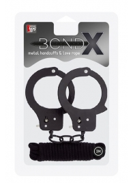 Чёрные наручники из листового металла в комплекте с веревкой BONDX METAL CUFFS LOVE ROPE SET - Dream Toys - купить с доставкой в Сочи