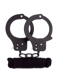 Чёрные наручники из листового металла в комплекте с веревкой BONDX METAL CUFFS LOVE ROPE SET - Dream Toys - купить с доставкой в Сочи