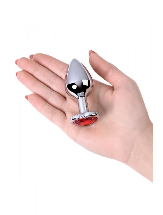 Серебристая коническая анальная пробка с красным кристаллом-сердечком - 7 см. - ToyFa - купить с доставкой в Сочи