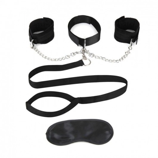 Чёрный ошейник с наручниками и поводком Collar Cuffs   Leash Set - Lux Fetish - купить с доставкой в Сочи