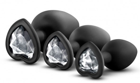 Набор из 3 черных пробок с прозрачным кристаллом-сердечком Bling Plugs Training Kit - Blush Novelties - купить с доставкой в Сочи
