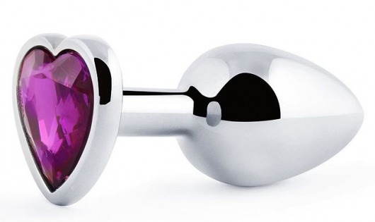 Серебристая анальная пробка с фиолетовым кристаллом-сердечком - 8 см. - Anal Jewelry Plug - купить с доставкой в Сочи