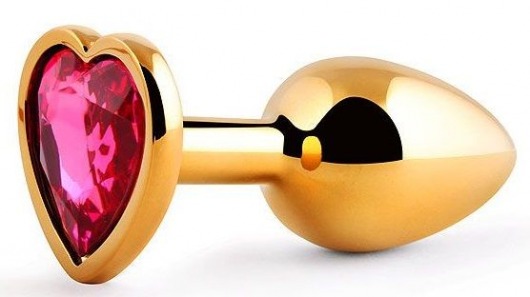 Золотистая анальная пробка с малиновым кристаллом-сердечком - 7 см. - Anal Jewelry Plug - купить с доставкой в Сочи