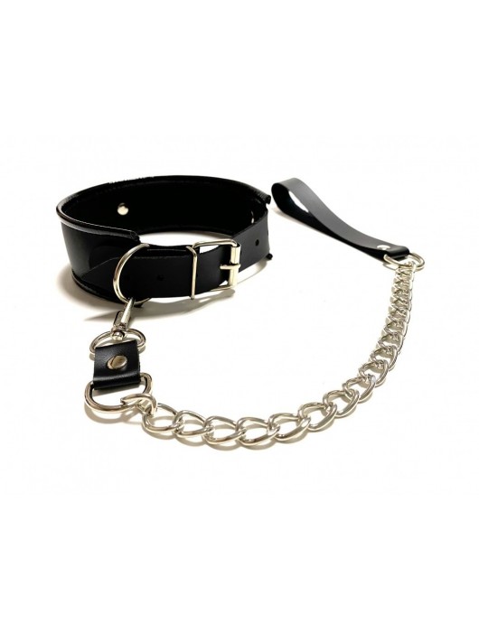 Черный ошейник с поводком из эко-кожи - БДСМ Арсенал - купить с доставкой в Сочи
