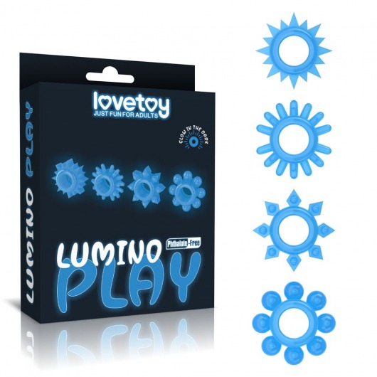 Набор из 4 голубых, светящихся в темноте эрекционных колец Lumino Play - Lovetoy - в Сочи купить с доставкой