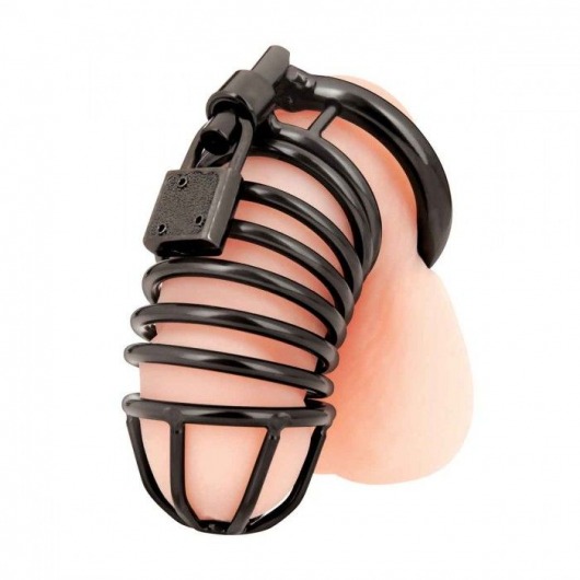 Черная металлическая клетка с замком Deluxe Chastity Cage - BlueLine - купить с доставкой в Сочи