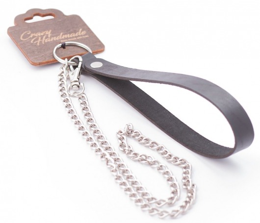 Серебристый металлический поводок с кожаной черной ручкой - 80 см. - Crazy Handmade - купить с доставкой в Сочи