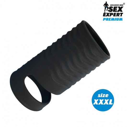 Черная открытая насадка на пенис с кольцом для мошонки XXXL-size - 9,9 см. - Sex Expert - в Сочи купить с доставкой