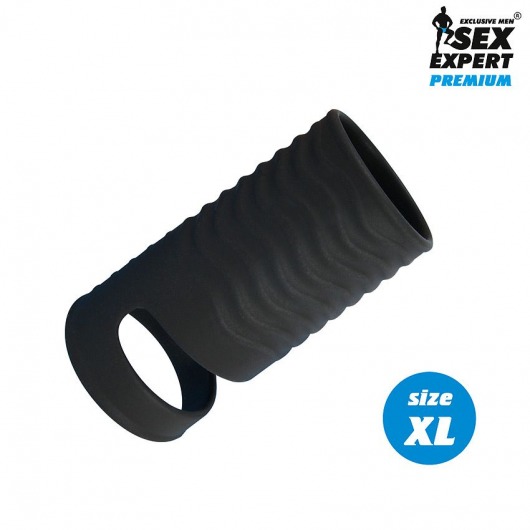 Черная открытая насадка на пенис с кольцом для мошонки XL-size - 8,9 см. - Sex Expert - в Сочи купить с доставкой