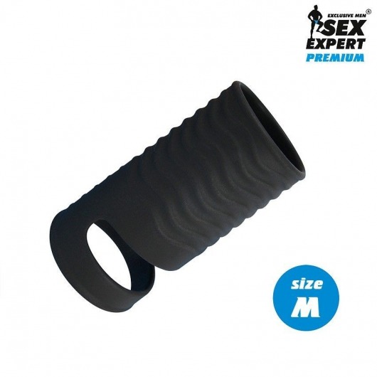 Черная открытая насадка на пенис с кольцом для мошонки size M - 7,9 см. - Sex Expert - в Сочи купить с доставкой