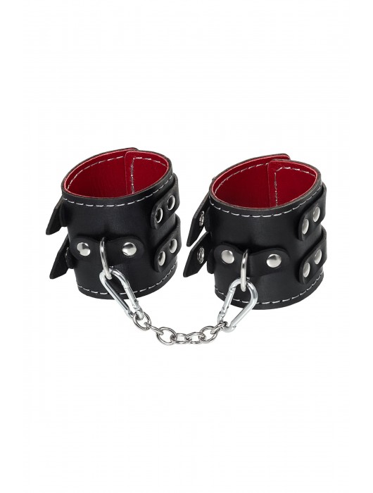 Черные кожаные наручники с двумя ремнями и красной подкладкой - Pecado - купить с доставкой в Сочи