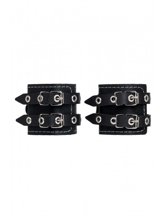 Черные кожаные наручники с двумя ремнями и красной подкладкой - Pecado - купить с доставкой в Сочи