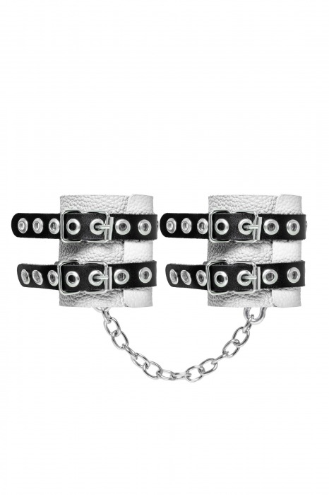 Бело-черные наручники с двумя ремешками и люверсами - Pecado - купить с доставкой в Сочи