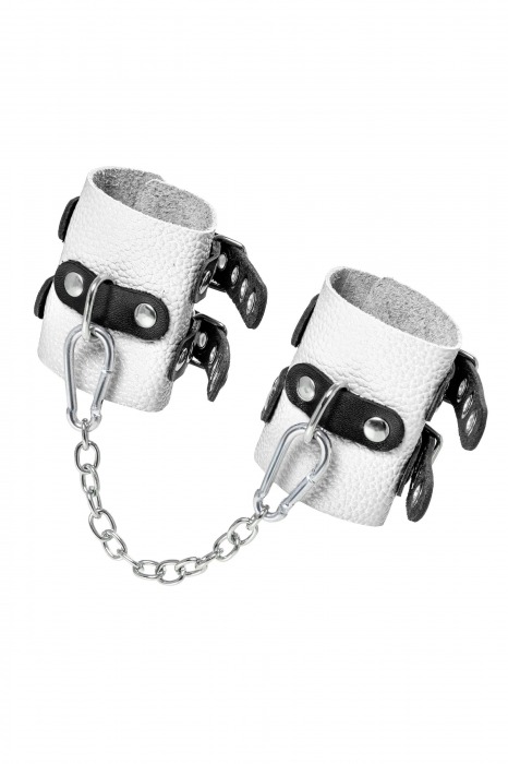 Бело-черные наручники с двумя ремешками и люверсами - Pecado - купить с доставкой в Сочи