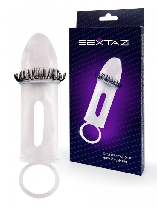 Закрытая насадка на пенис с подхватом мошонки и стимулирующими «ресничками» - Sextaz - в Сочи купить с доставкой