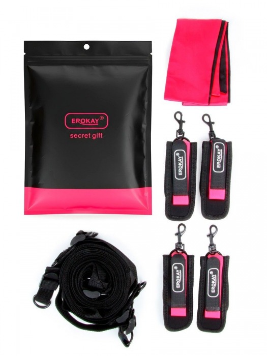 Черно-розовый эротический набор: фиксатор, оковы, наручники, повязка - Erokay - купить с доставкой в Сочи